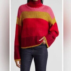 Farm Rio Shiny Stripe Colorblock Sweater Red Multi Small Oversized New